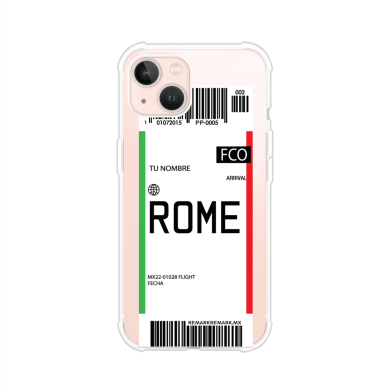 Funda personalizada estilo pase de abordar con diseño de Roma y código FCO, personalizable con nombre y datos de vuelo; producto de Remark MX para iPhone