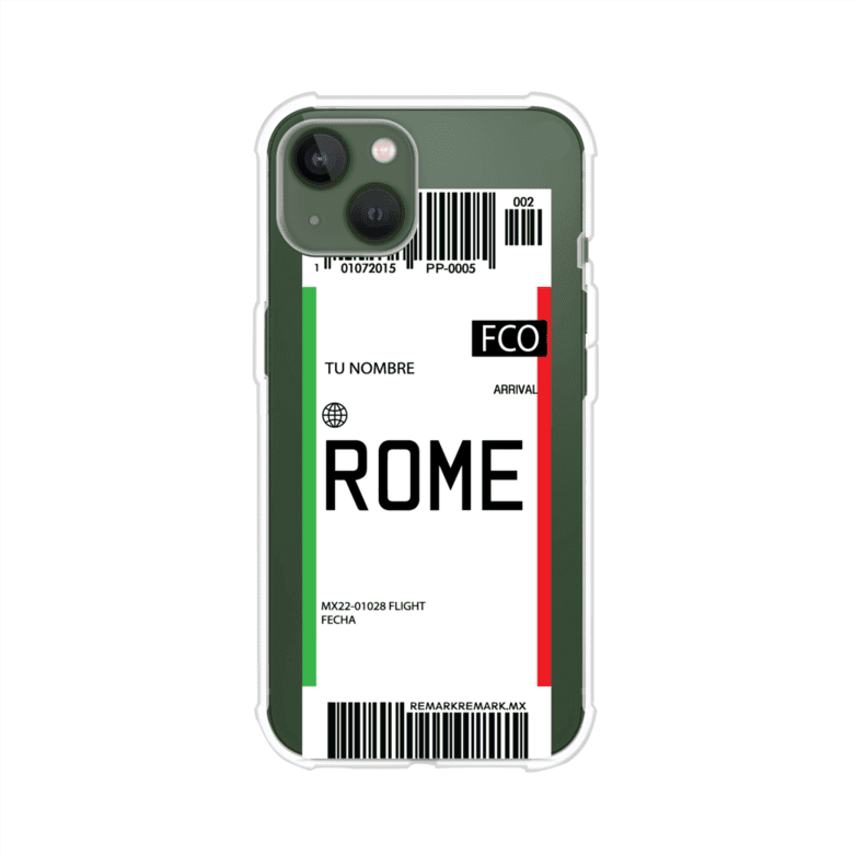 Funda personalizada estilo pase de abordar con diseño de Roma y código FCO, personalizable con nombre y datos de vuelo; producto de Remark MX para iPhone
