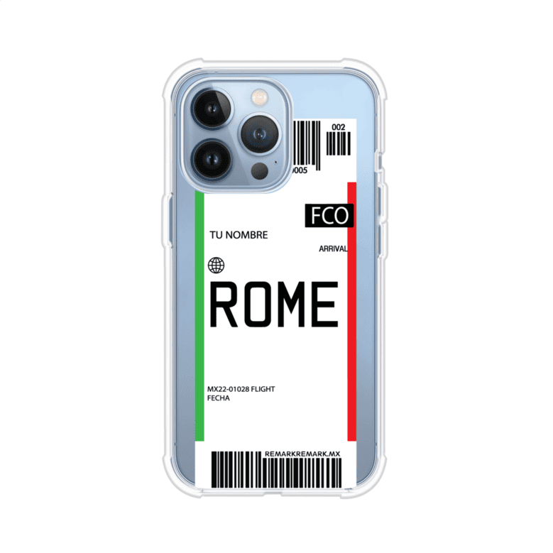 Funda personalizada estilo pase de abordar con diseño de Roma y código FCO, personalizable con nombre y datos de vuelo; producto de Remark MX para iPhone