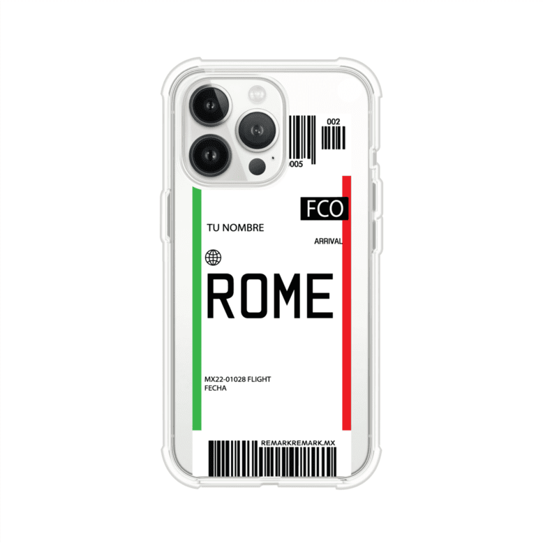 Funda personalizada estilo pase de abordar con diseño de Roma y código FCO, personalizable con nombre y datos de vuelo; producto de Remark MX para iPhone