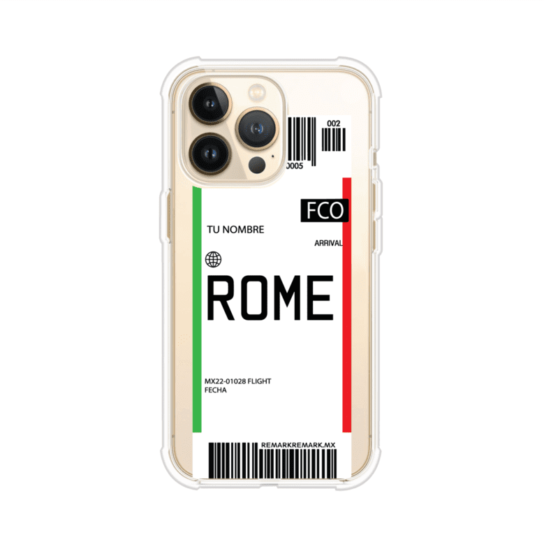 Funda personalizada estilo pase de abordar con diseño de Roma y código FCO, personalizable con nombre y datos de vuelo; producto de Remark MX para iPhone