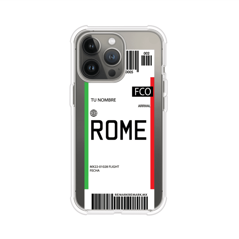 Funda personalizada estilo pase de abordar con diseño de Roma y código FCO, personalizable con nombre y datos de vuelo; producto de Remark MX para iPhone