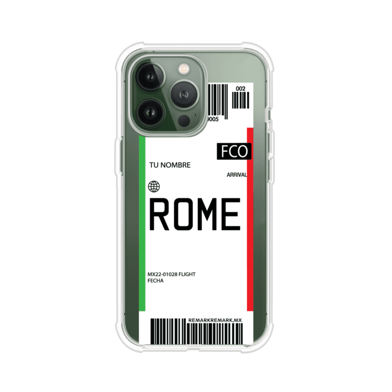 Funda personalizada estilo pase de abordar con diseño de Roma y código FCO, personalizable con nombre y datos de vuelo; producto de Remark MX para iPhone