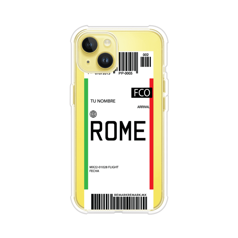 Funda personalizada estilo pase de abordar con diseño de Roma y código FCO, personalizable con nombre y datos de vuelo; producto de Remark MX para iPhone
