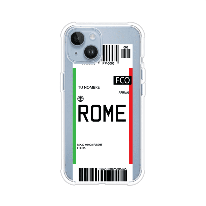 Funda personalizada estilo pase de abordar con diseño de Roma y código FCO, personalizable con nombre y datos de vuelo; producto de Remark MX para iPhone