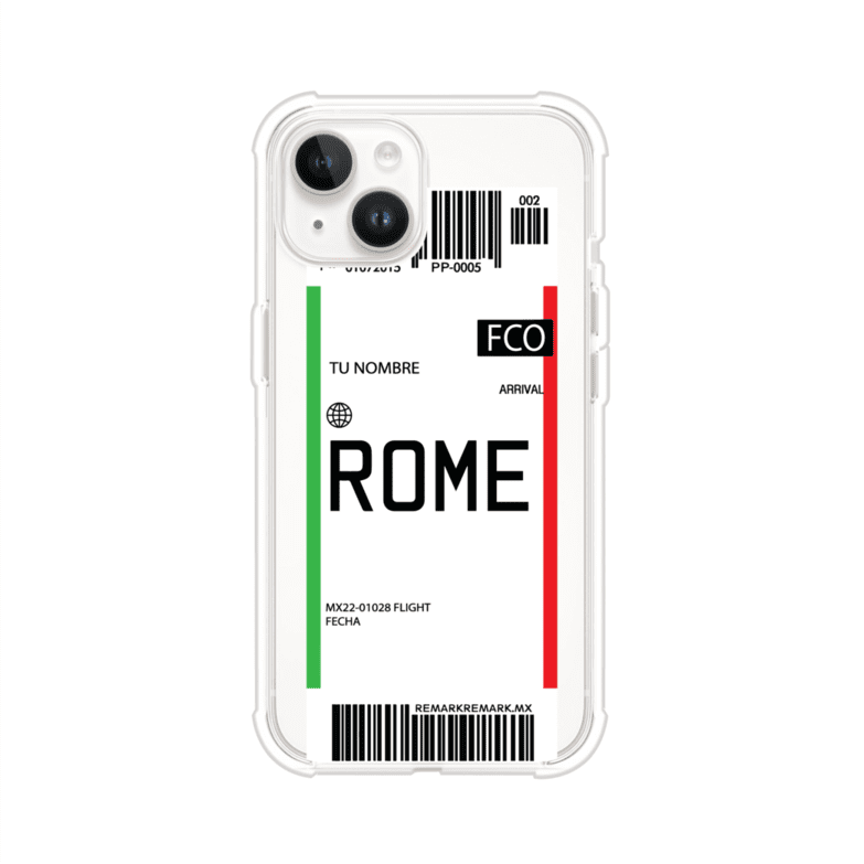 Funda personalizada estilo pase de abordar con diseño de Roma y código FCO, personalizable con nombre y datos de vuelo; producto de Remark MX para iPhone