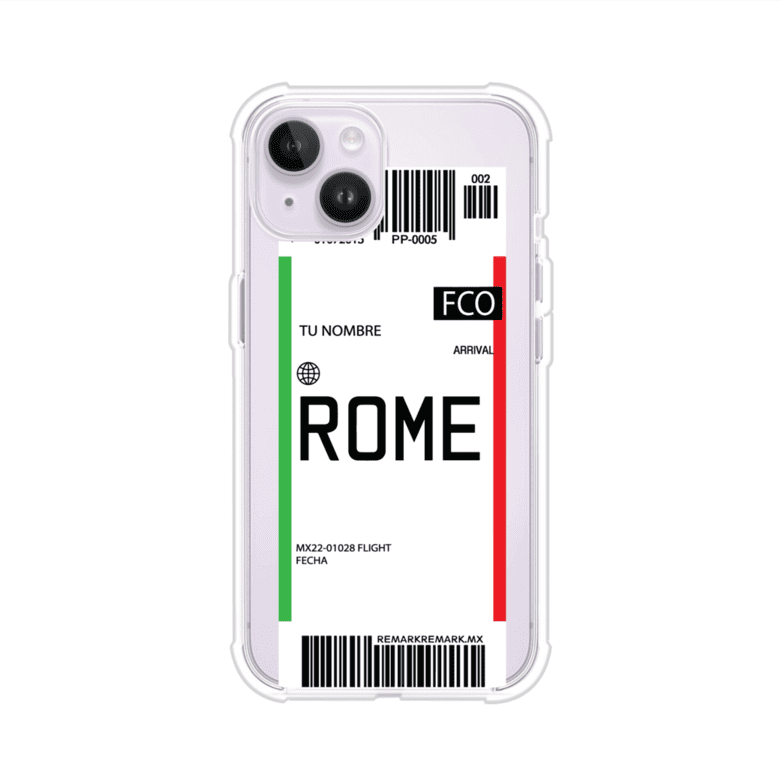 Funda personalizada estilo pase de abordar con diseño de Roma y código FCO, personalizable con nombre y datos de vuelo; producto de Remark MX para iPhone