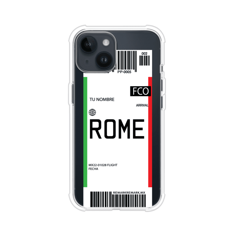 Funda personalizada estilo pase de abordar con diseño de Roma y código FCO, personalizable con nombre y datos de vuelo; producto de Remark MX para iPhone