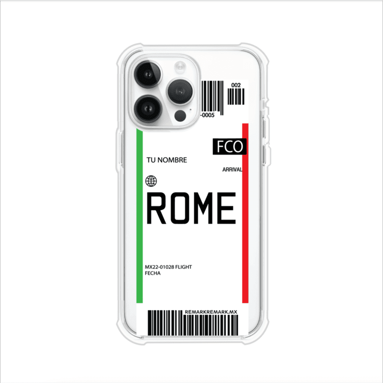 Funda personalizada estilo pase de abordar con diseño de Roma y código FCO, personalizable con nombre y datos de vuelo; producto de Remark MX para iPhone