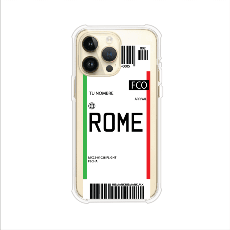 Funda personalizada estilo pase de abordar con diseño de Roma y código FCO, personalizable con nombre y datos de vuelo; producto de Remark MX para iPhone