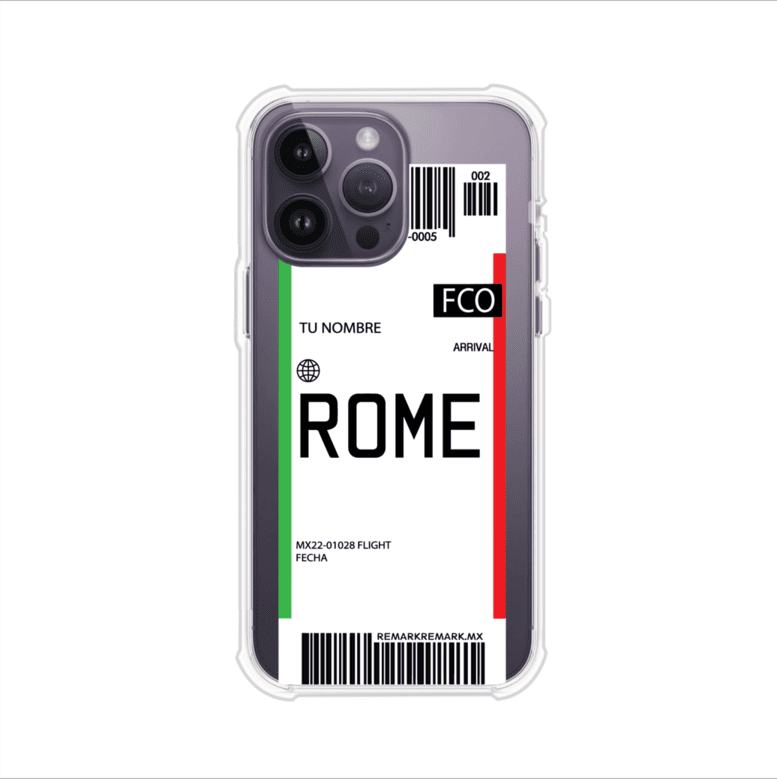 Funda personalizada estilo pase de abordar con diseño de Roma y código FCO, personalizable con nombre y datos de vuelo; producto de Remark MX para iPhone