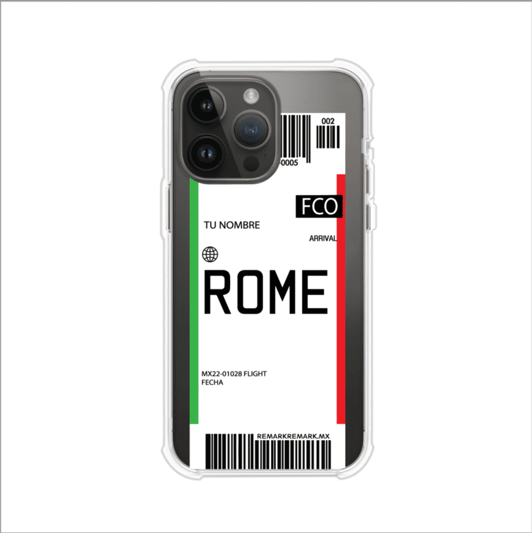 Funda personalizada estilo pase de abordar con diseño de Roma y código FCO, personalizable con nombre y datos de vuelo; producto de Remark MX para iPhone