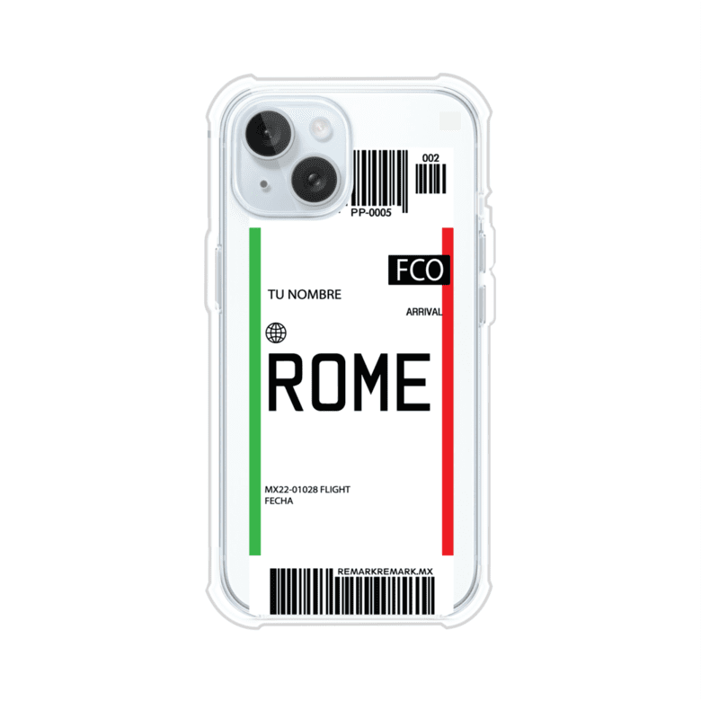 Funda personalizada estilo pase de abordar con diseño de Roma y código FCO, personalizable con nombre y datos de vuelo; producto de Remark MX para iPhone