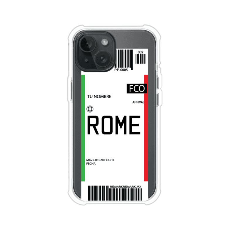 Funda personalizada estilo pase de abordar con diseño de Roma y código FCO, personalizable con nombre y datos de vuelo; producto de Remark MX para iPhone