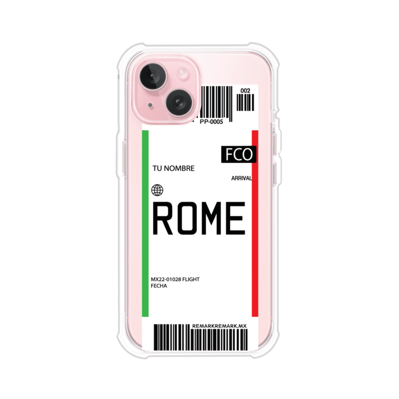 Funda personalizada estilo pase de abordar con diseño de Roma y código FCO, personalizable con nombre y datos de vuelo; producto de Remark MX para iPhone