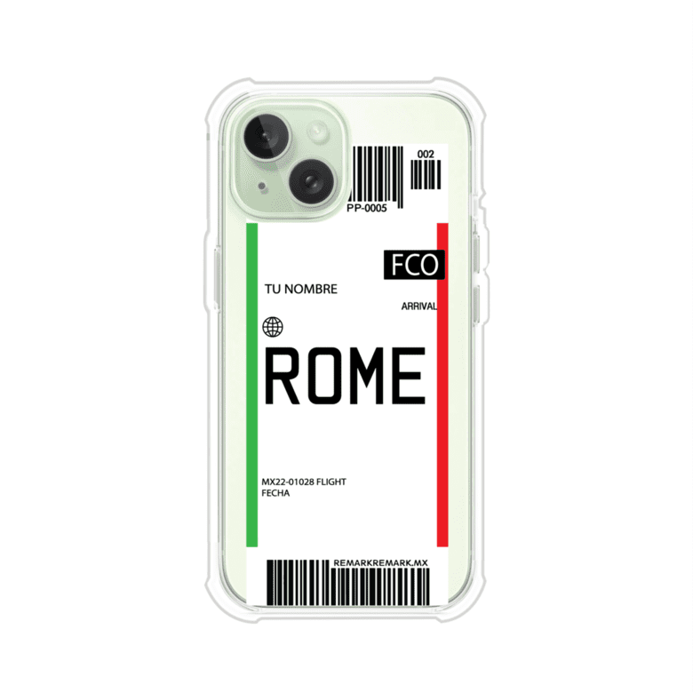 Funda personalizada estilo pase de abordar con diseño de Roma y código FCO, personalizable con nombre y datos de vuelo; producto de Remark MX para iPhone