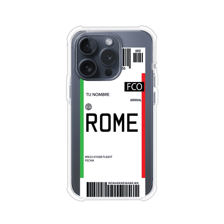 Funda personalizada estilo pase de abordar con diseño de Roma y código FCO, personalizable con nombre y datos de vuelo; producto de Remark MX para iPhone