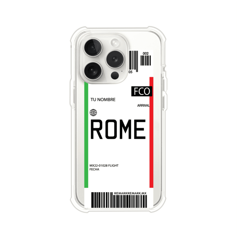 Funda personalizada estilo pase de abordar con diseño de Roma y código FCO, personalizable con nombre y datos de vuelo; producto de Remark MX para iPhone