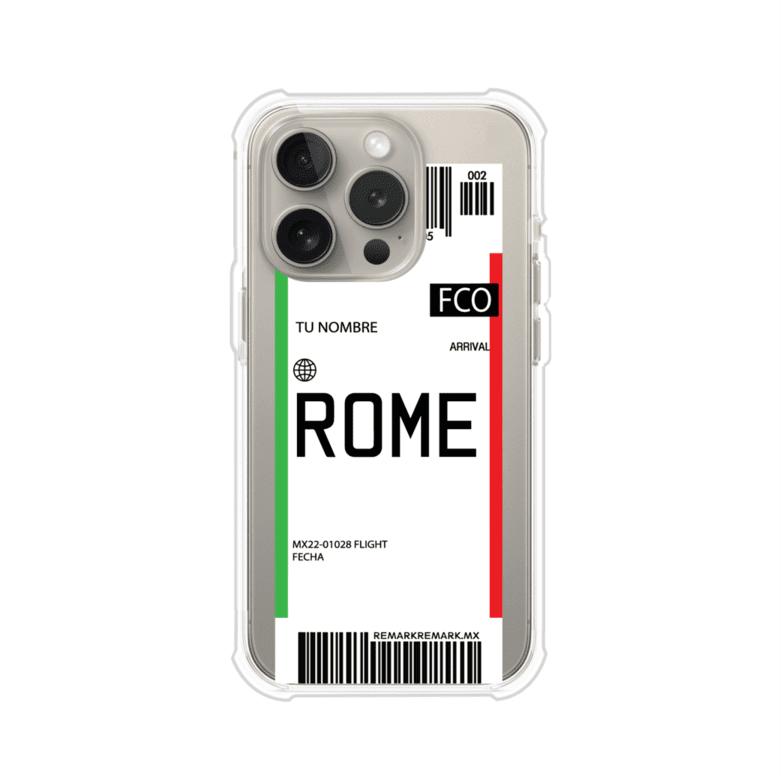 Funda personalizada estilo pase de abordar con diseño de Roma y código FCO, personalizable con nombre y datos de vuelo; producto de Remark MX para iPhone