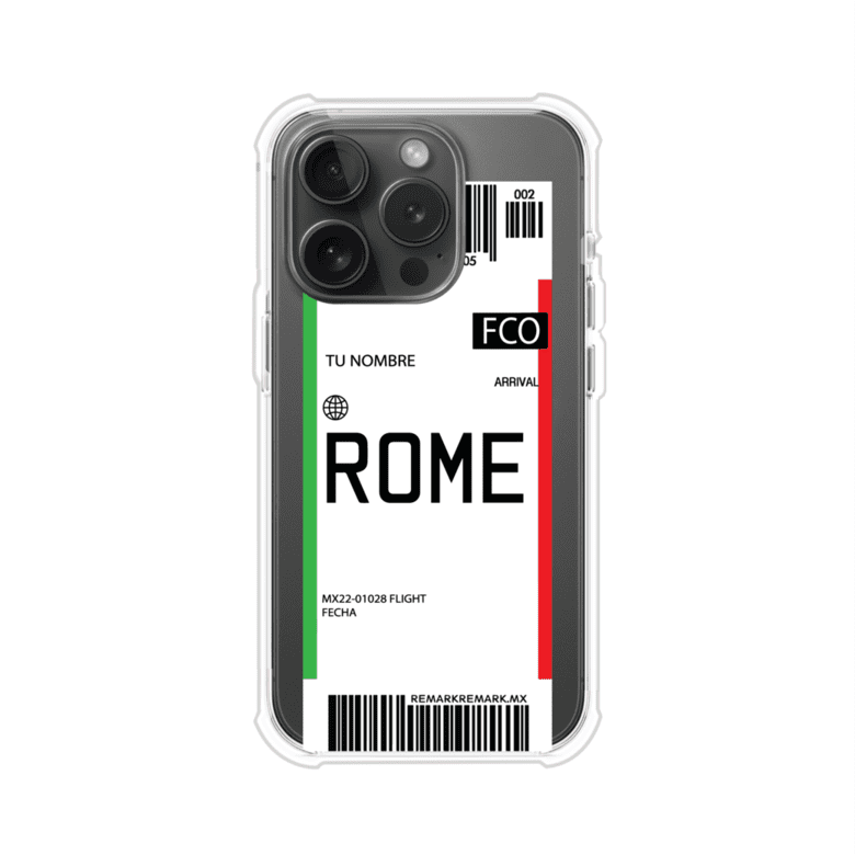Funda personalizada estilo pase de abordar con diseño de Roma y código FCO, personalizable con nombre y datos de vuelo; producto de Remark MX para iPhone
