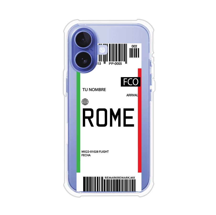 Funda personalizada estilo pase de abordar con diseño de Roma y código FCO, personalizable con nombre y datos de vuelo; producto de Remark MX para iPhone
