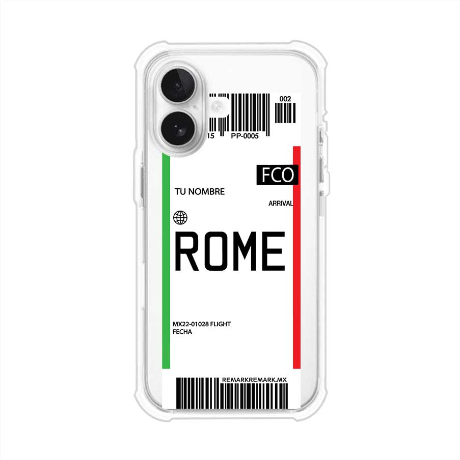 Funda personalizada estilo pase de abordar con diseño de Roma y código FCO, personalizable con nombre y datos de vuelo; producto de Remark MX para iPhone