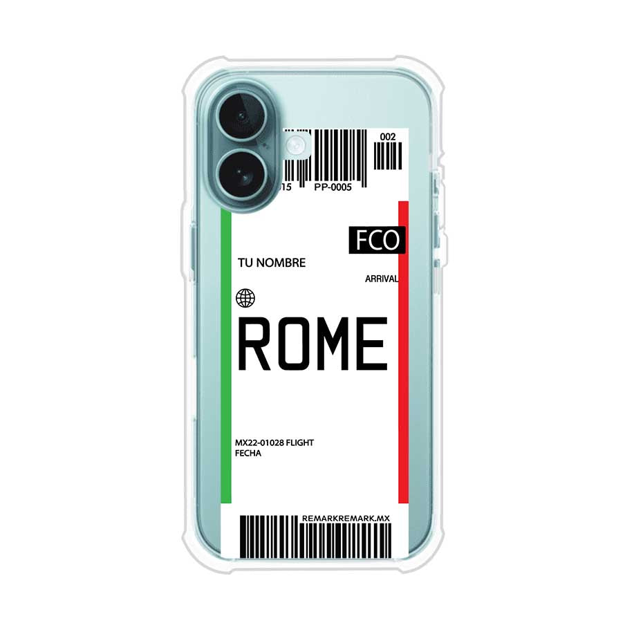 Funda personalizada estilo pase de abordar con diseño de Roma y código FCO, personalizable con nombre y datos de vuelo; producto de Remark MX para iPhone