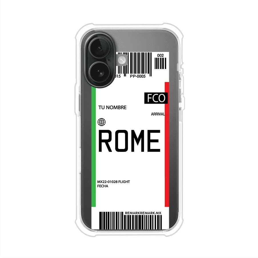 Funda personalizada estilo pase de abordar con diseño de Roma y código FCO, personalizable con nombre y datos de vuelo; producto de Remark MX para iPhone