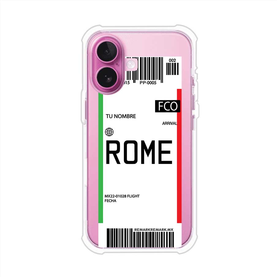 Funda personalizada estilo pase de abordar con diseño de Roma y código FCO, personalizable con nombre y datos de vuelo; producto de Remark MX para iPhone