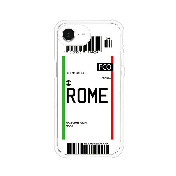 Funda personalizada estilo pase de abordar con diseño de Roma y código FCO, personalizable con nombre y datos de vuelo; producto de Remark MX para iPhone