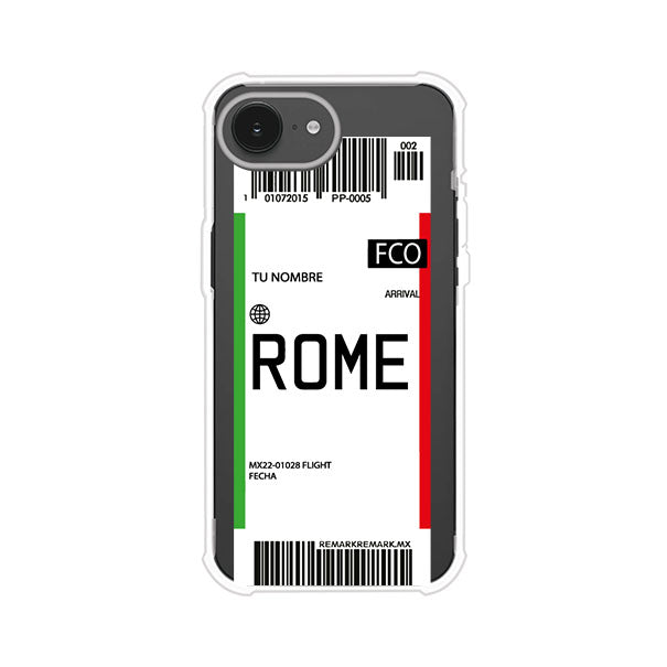 Funda personalizada estilo pase de abordar con diseño de Roma y código FCO, personalizable con nombre y datos de vuelo; producto de Remark MX para iPhone