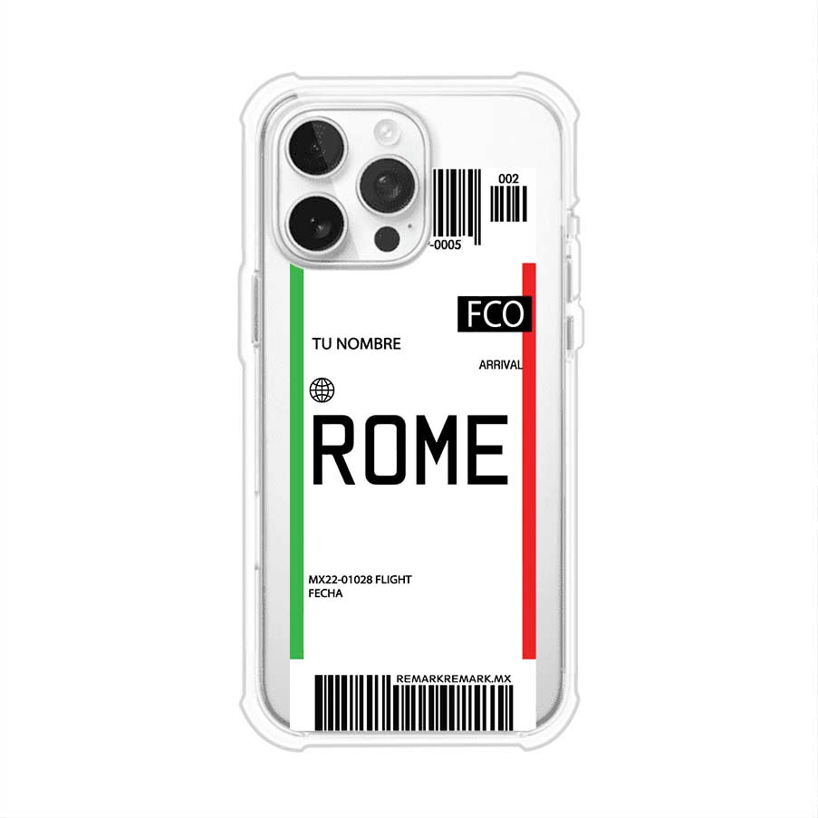 Funda personalizada estilo pase de abordar con diseño de Roma y código FCO, personalizable con nombre y datos de vuelo; producto de Remark MX para iPhone