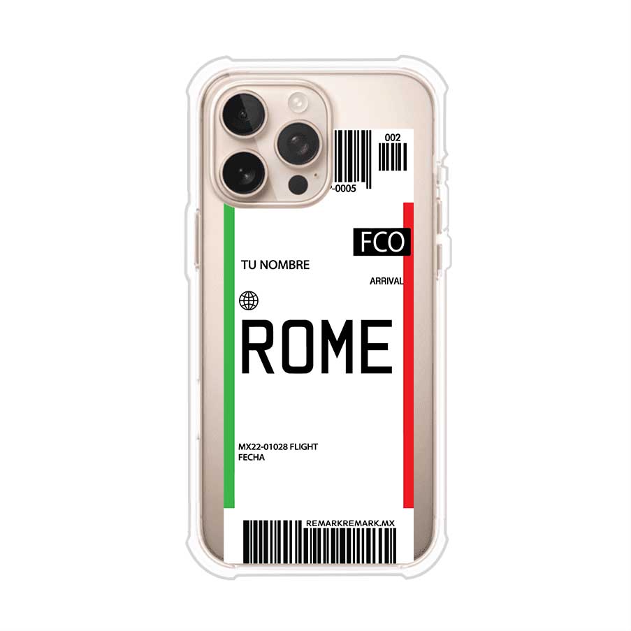 Funda personalizada estilo pase de abordar con diseño de Roma y código FCO, personalizable con nombre y datos de vuelo; producto de Remark MX para iPhone