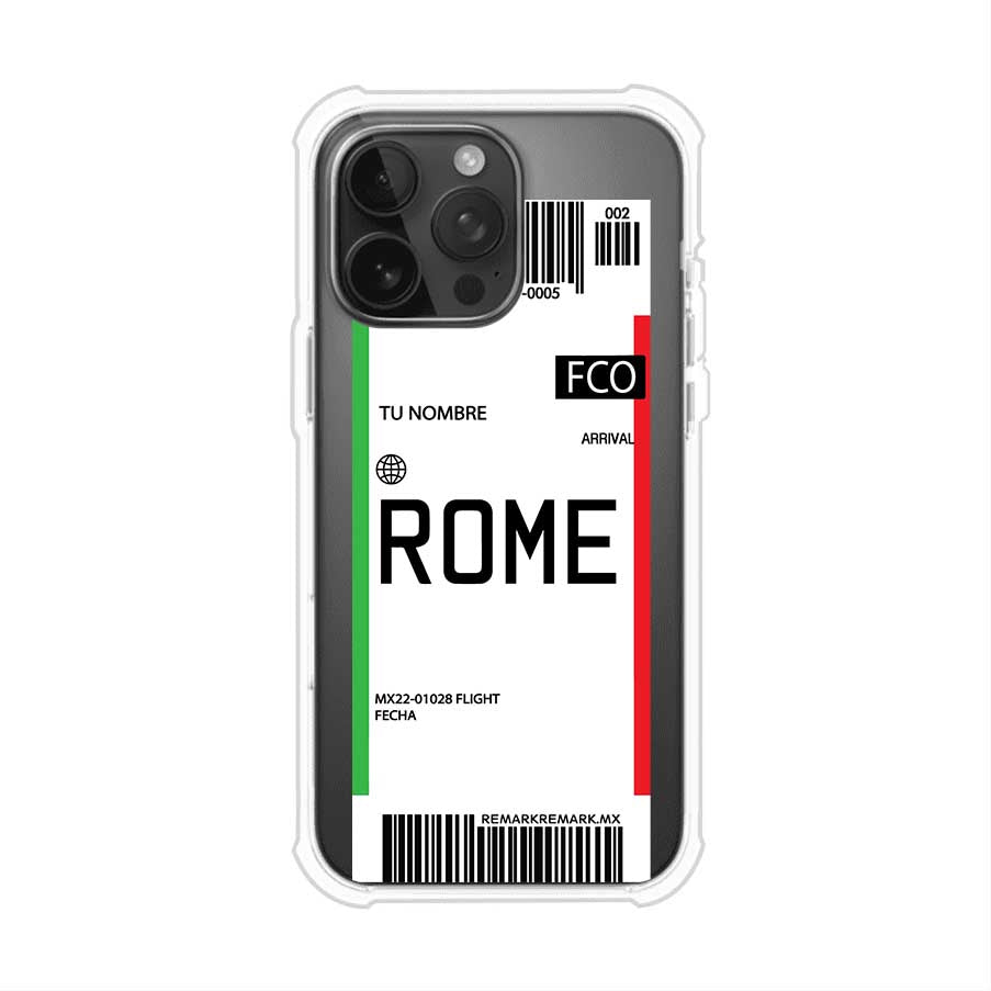 Funda personalizada estilo pase de abordar con diseño de Roma y código FCO, personalizable con nombre y datos de vuelo; producto de Remark MX para iPhone