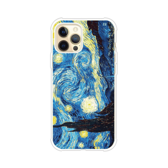 Funda para iPhone con diseño de La Noche Estrellada de Van Gogh. Ideal para amantes del arte clásico, con colores vibrantes en azul y amarillo que evocan una atmósfera mágica. Diseño exclusivo de Remark MX