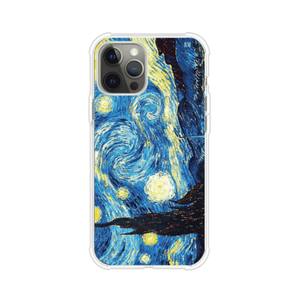 Funda para iPhone con diseño de La Noche Estrellada de Van Gogh. Ideal para amantes del arte clásico, con colores vibrantes en azul y amarillo que evocan una atmósfera mágica. Diseño exclusivo de Remark MX