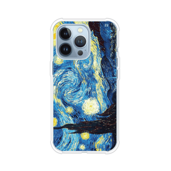 Funda para iPhone con diseño de La Noche Estrellada de Van Gogh. Ideal para amantes del arte clásico, con colores vibrantes en azul y amarillo que evocan una atmósfera mágica. Diseño exclusivo de Remark MX