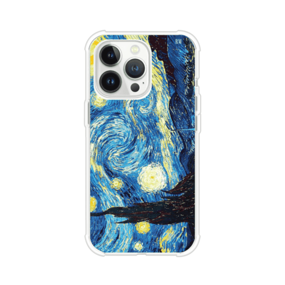 Funda para iPhone con diseño de La Noche Estrellada de Van Gogh. Ideal para amantes del arte clásico, con colores vibrantes en azul y amarillo que evocan una atmósfera mágica. Diseño exclusivo de Remark MX