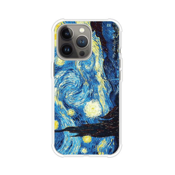 Funda para iPhone con diseño de La Noche Estrellada de Van Gogh. Ideal para amantes del arte clásico, con colores vibrantes en azul y amarillo que evocan una atmósfera mágica. Diseño exclusivo de Remark MX