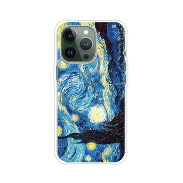 Funda para iPhone con diseño de La Noche Estrellada de Van Gogh. Ideal para amantes del arte clásico, con colores vibrantes en azul y amarillo que evocan una atmósfera mágica. Diseño exclusivo de Remark MX
