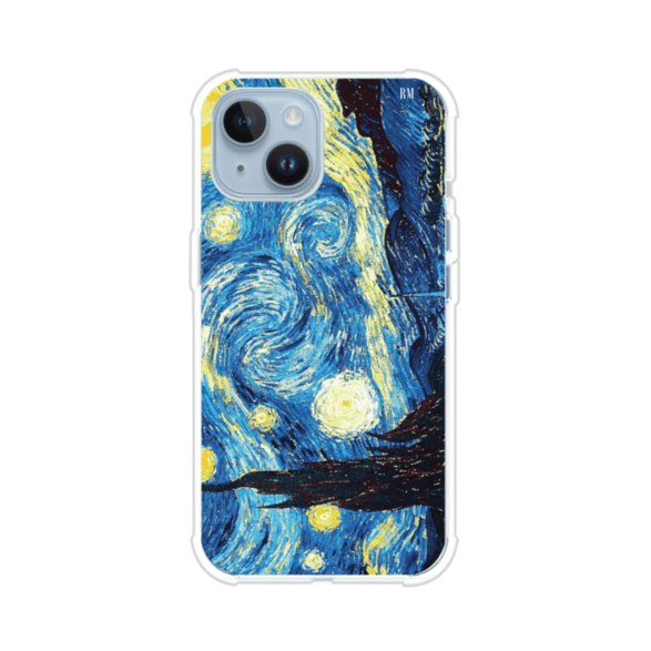 Funda para iPhone con diseño de La Noche Estrellada de Van Gogh. Ideal para amantes del arte clásico, con colores vibrantes en azul y amarillo que evocan una atmósfera mágica. Diseño exclusivo de Remark MX