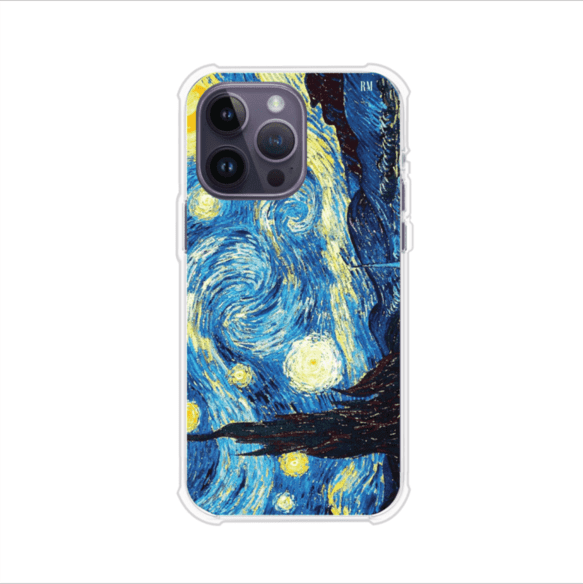 Funda para iPhone con diseño de La Noche Estrellada de Van Gogh. Ideal para amantes del arte clásico, con colores vibrantes en azul y amarillo que evocan una atmósfera mágica. Diseño exclusivo de Remark MX