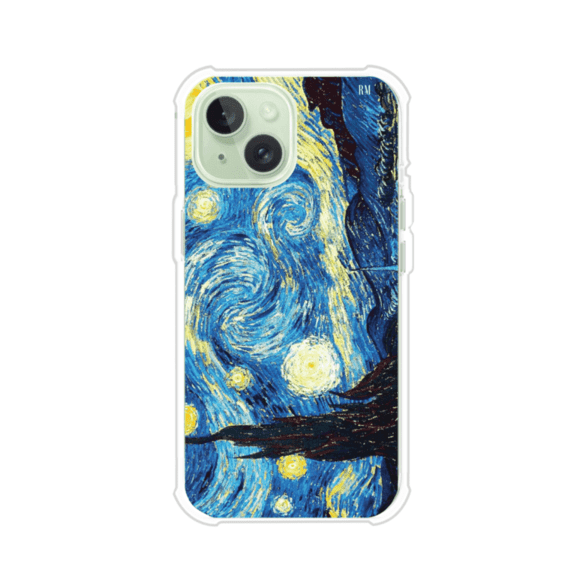 Funda para iPhone con diseño de La Noche Estrellada de Van Gogh. Ideal para amantes del arte clásico, con colores vibrantes en azul y amarillo que evocan una atmósfera mágica. Diseño exclusivo de Remark MX