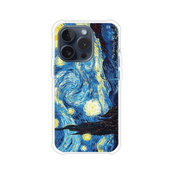 Funda para iPhone con diseño de La Noche Estrellada de Van Gogh. Ideal para amantes del arte clásico, con colores vibrantes en azul y amarillo que evocan una atmósfera mágica. Diseño exclusivo de Remark MX