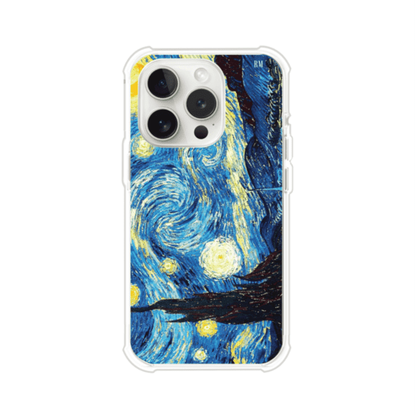 Funda para iPhone con diseño de La Noche Estrellada de Van Gogh. Ideal para amantes del arte clásico, con colores vibrantes en azul y amarillo que evocan una atmósfera mágica. Diseño exclusivo de Remark MX