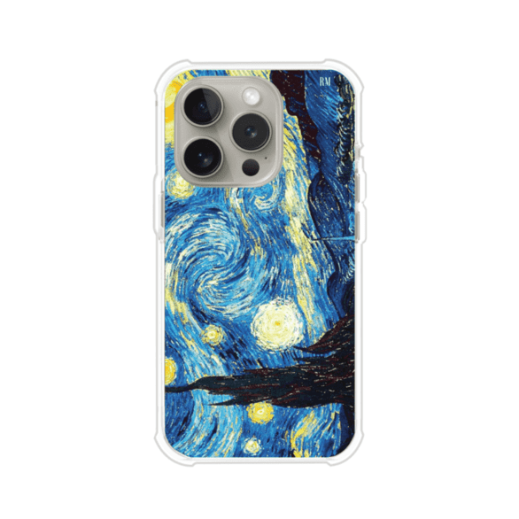 Funda para iPhone con diseño de La Noche Estrellada de Van Gogh. Ideal para amantes del arte clásico, con colores vibrantes en azul y amarillo que evocan una atmósfera mágica. Diseño exclusivo de Remark MX
