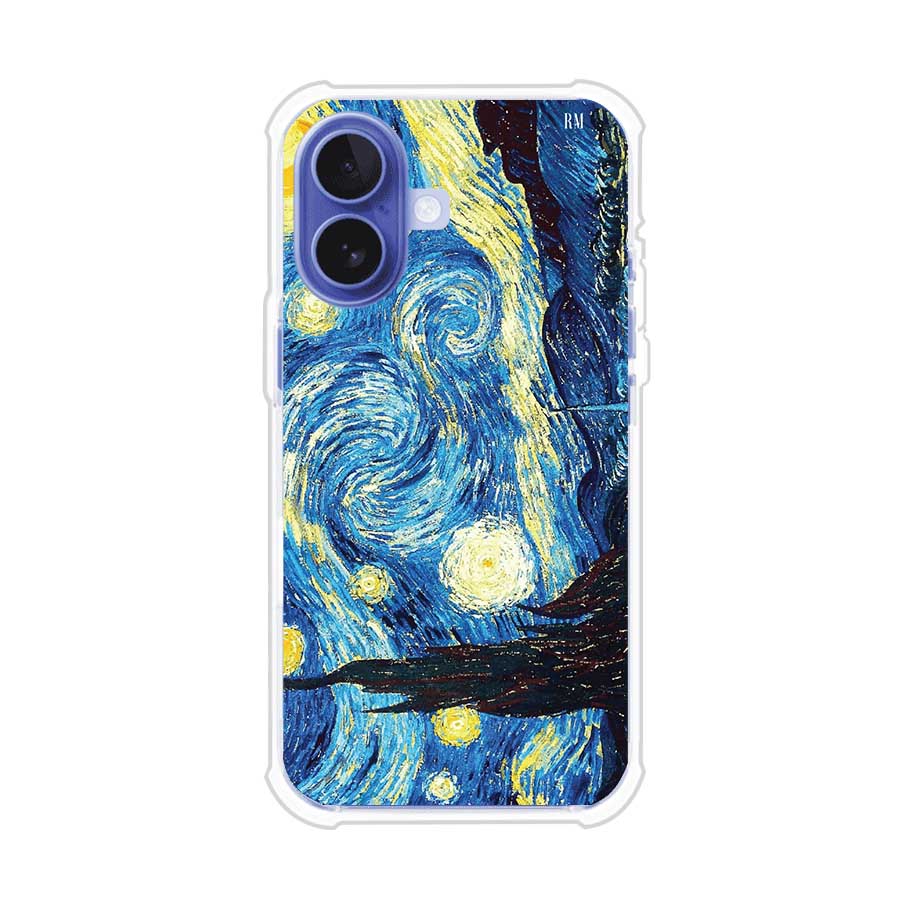 Funda para iPhone con diseño de La Noche Estrellada de Van Gogh. Ideal para amantes del arte clásico, con colores vibrantes en azul y amarillo que evocan una atmósfera mágica. Diseño exclusivo de Remark MX