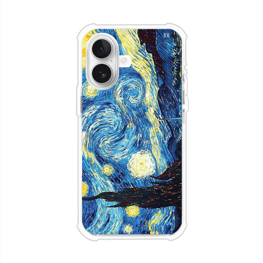 Funda para iPhone con diseño de La Noche Estrellada de Van Gogh. Ideal para amantes del arte clásico, con colores vibrantes en azul y amarillo que evocan una atmósfera mágica. Diseño exclusivo de Remark MX