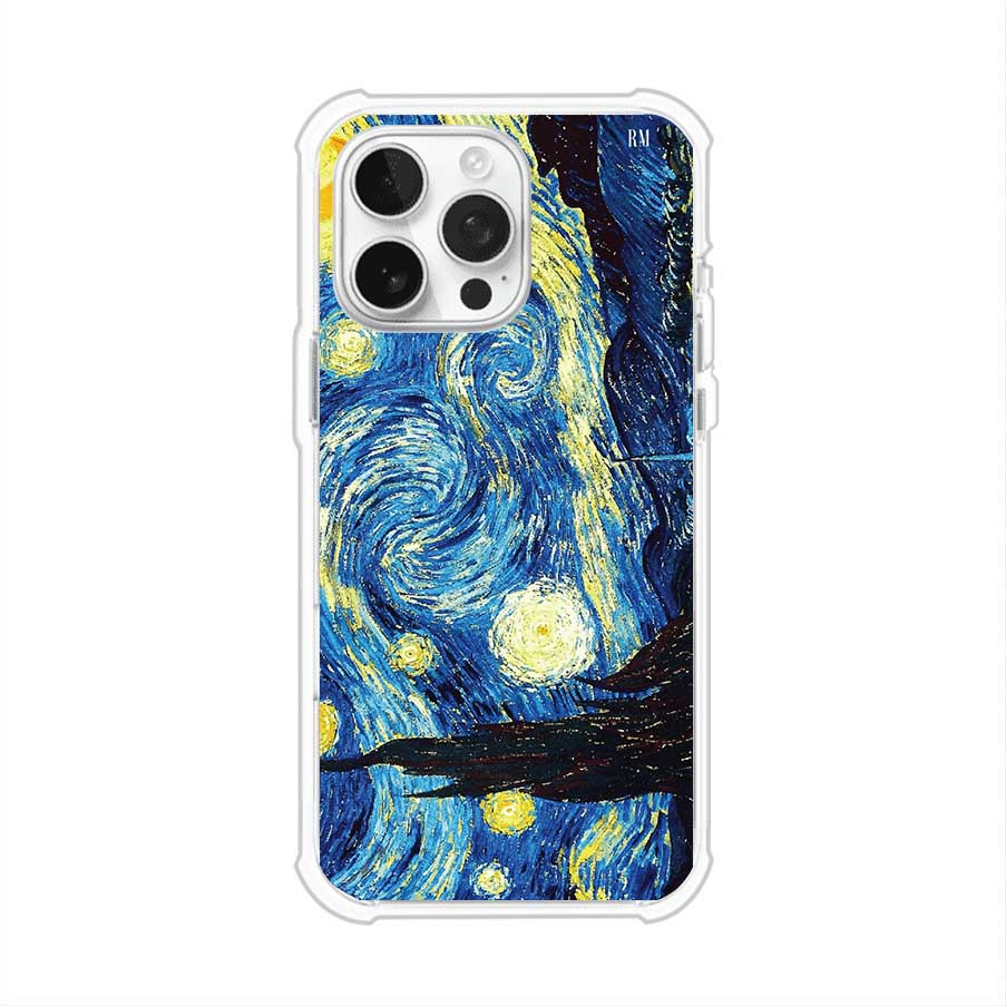 Funda para iPhone con diseño de La Noche Estrellada de Van Gogh. Ideal para amantes del arte clásico, con colores vibrantes en azul y amarillo que evocan una atmósfera mágica. Diseño exclusivo de Remark MX