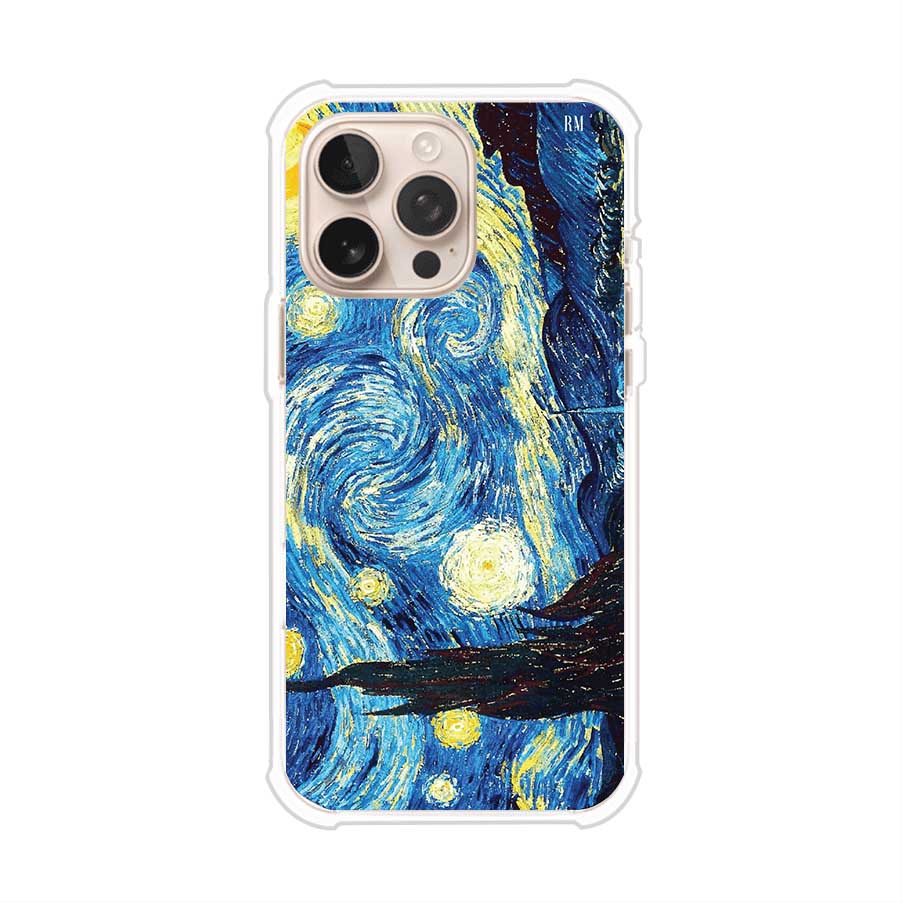 Funda para iPhone con diseño de La Noche Estrellada de Van Gogh. Ideal para amantes del arte clásico, con colores vibrantes en azul y amarillo que evocan una atmósfera mágica. Diseño exclusivo de Remark MX